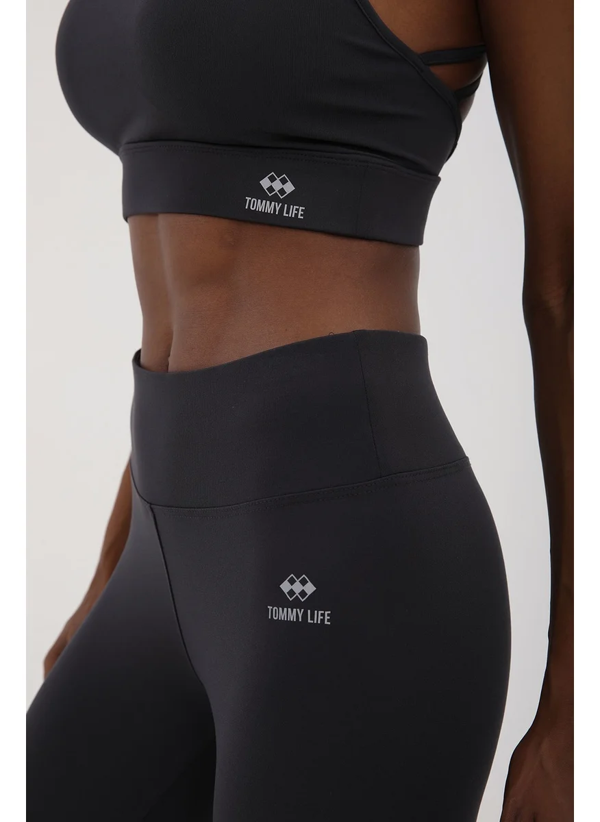 Tommy Life Anthracite High Waist Slim Fit Women's Leggings Set with Cross Back Detail - 95283
