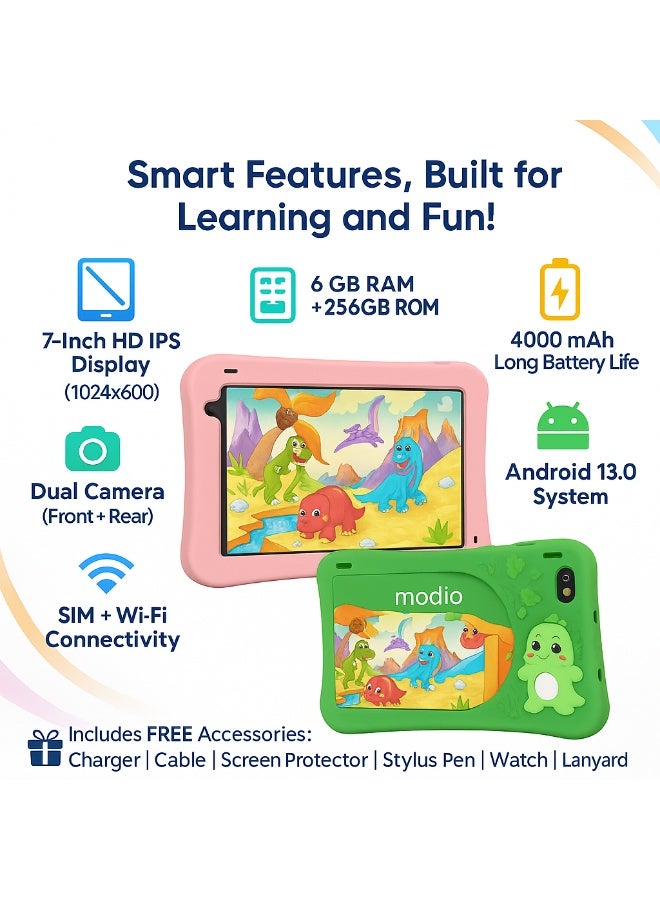 MODIO TAB Modio M796 Kids Tablet – 7 Inch HD Display, Android 13, 6GB RAM + 256GB Storage, 4000mAh Battery, Dual Camera, Single SIM, Cartoon Silicone Case (Gray) - Image 4
