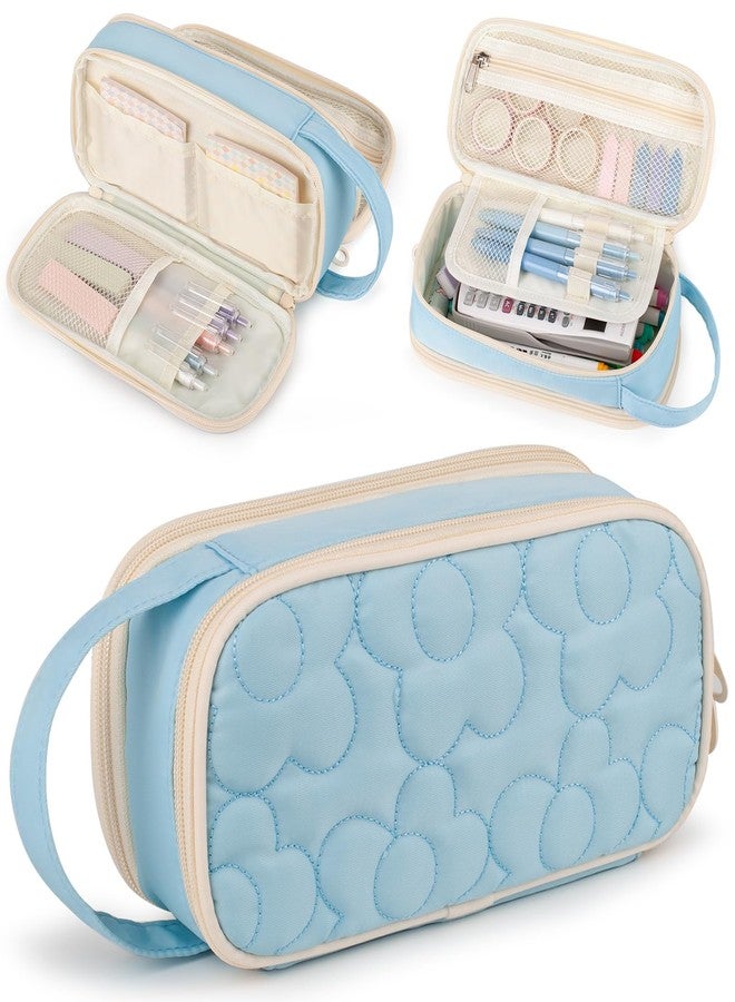 Bunnychill Pencil Case For Girls,Flower Quilted Large Capacity Pencil Pouch With 2 Compartment, Zipper Pencil Bag With Handle, Women Soft Pencil Box For Middle School Office College - Image 1