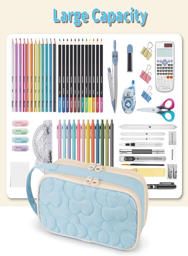 Bunnychill Pencil Case For Girls,Flower Quilted Large Capacity Pencil Pouch With 2 Compartment, Zipper Pencil Bag With Handle, Women Soft Pencil Box For Middle School Office College - Image 3