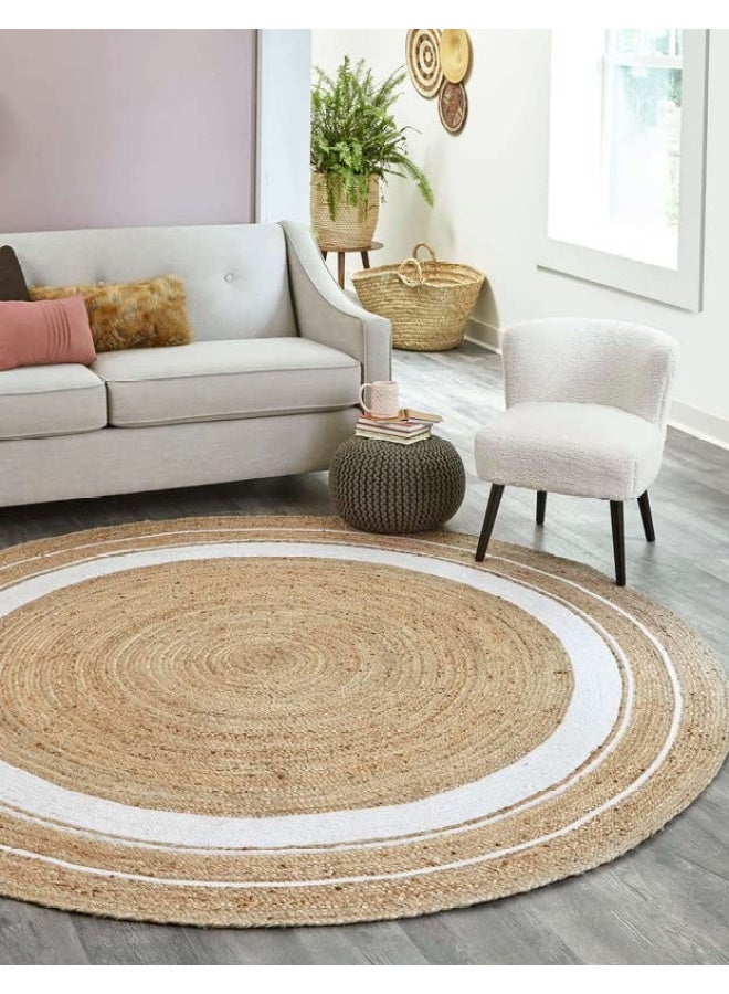 HANDPICKED FURNITURE Jute Wool And Cotton Beige Round Carpet Ultra Soft Area Carpets For Bed Room Living Room And Dining Room Anti-Slip Floor Carpets Easy To Clean Made In Turkey 120X120Cm - Image 1