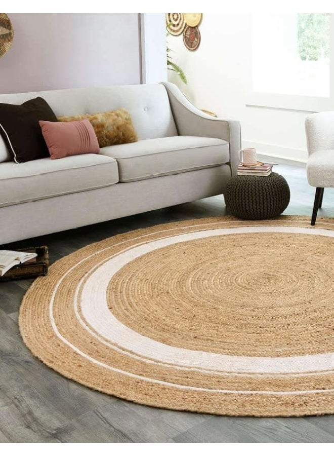 HANDPICKED FURNITURE Jute Wool And Cotton Beige Round Carpet Ultra Soft Area Carpets For Bed Room Living Room And Dining Room Anti-Slip Floor Carpets Easy To Clean Made In Turkey 120X120Cm - Image 4