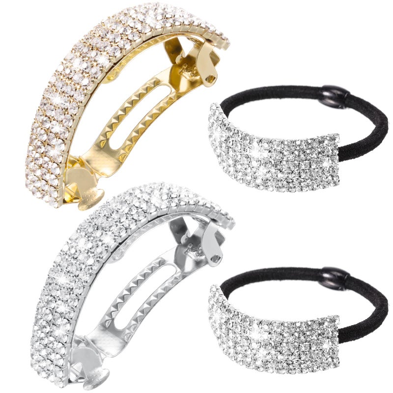 Luinabio 4 Pieces Rhinestone Barrette Glitter Hair Tie Metal Spring Hair Clip Crystal Ponytail Holder Headband Women Wedding Hair Accessories Birthday Mothers Day Gift for Women