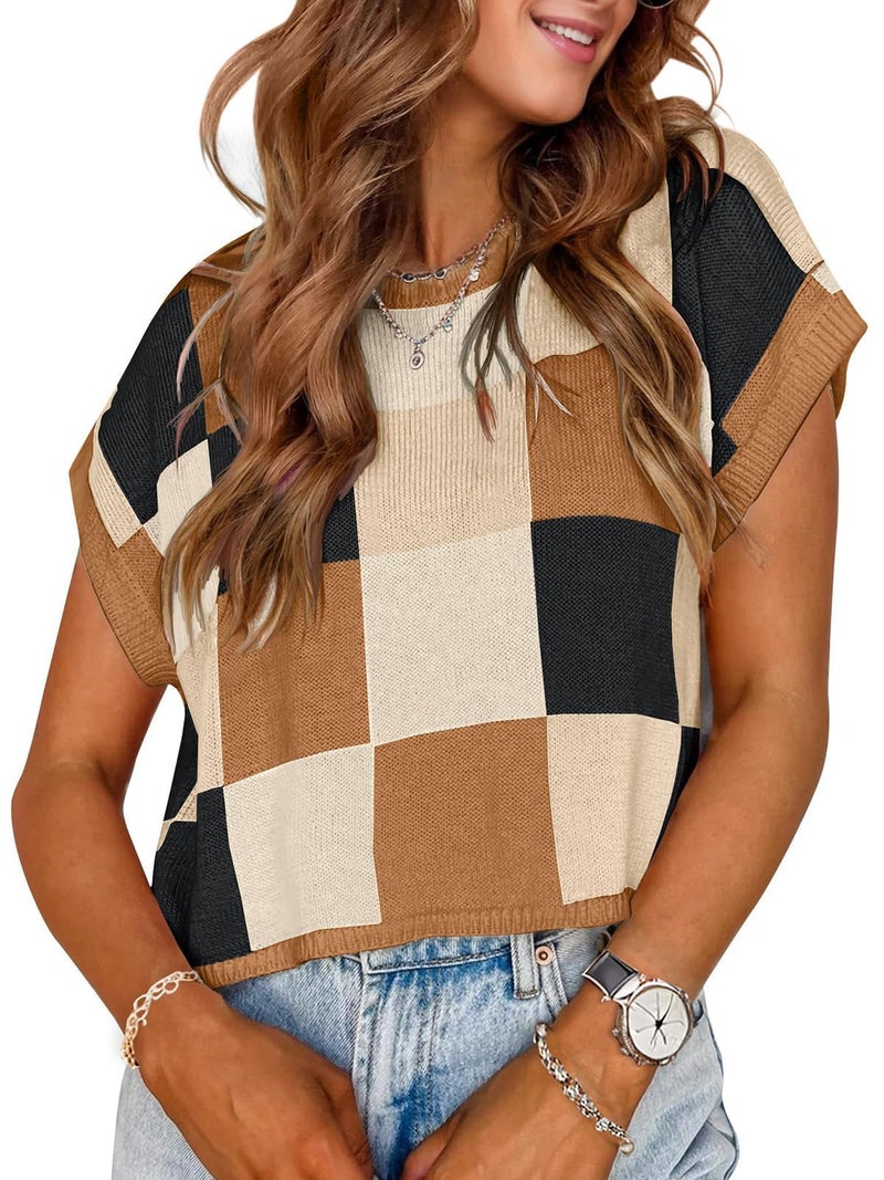 WIFFGO Womens Spring Crop Tops 2026 Summer Cap Short Sleeve Sweater Vest Loose Shirts Cute Trendy Top Vacation Outfits - Image 1