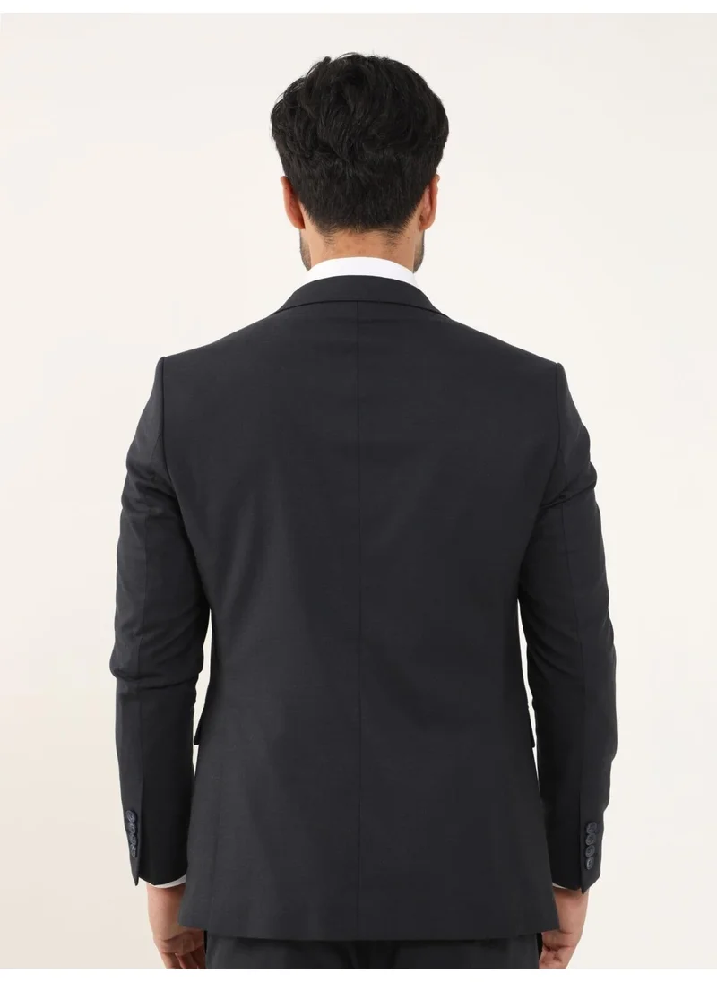 Dufy Navy Blue Men's Regular Fit Plain Mono Collar Suit - 106896