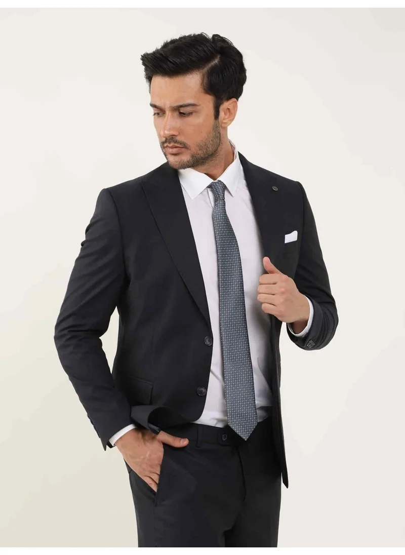 Dufy Navy Blue Men's Regular Fit Plain Mono Collar Suit - 106896