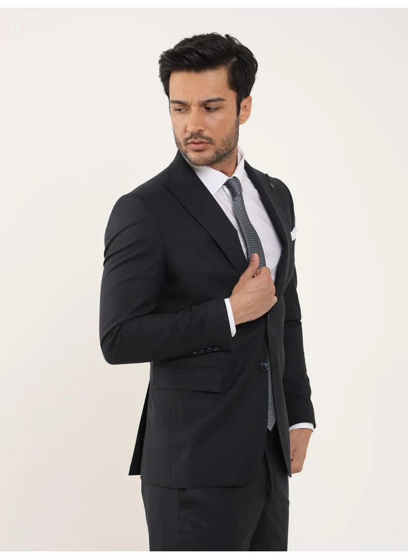 Dufy Navy Blue Men's Regular Fit Plain Mono Collar Suit - 106896