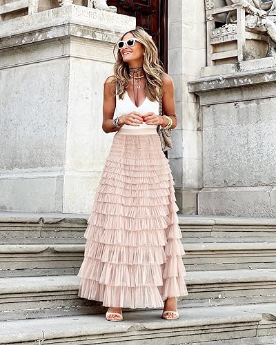 Gratoryna Womens Long Maxi Tulle Skirt A Line Ruffle Mesh High Waisted Tiered Layered Skirts Petticoat(Pink-S) - Image 2