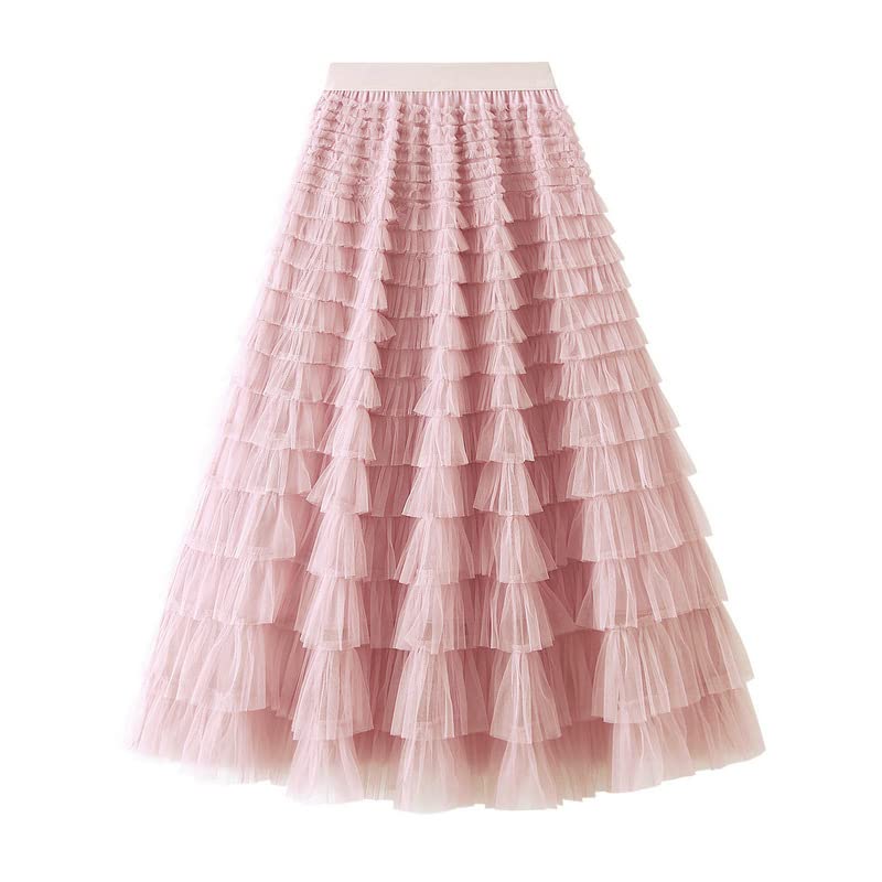Gratoryna Womens Long Maxi Tulle Skirt A Line Ruffle Mesh High Waisted Tiered Layered Skirts Petticoat(Pink-S) - Image 3