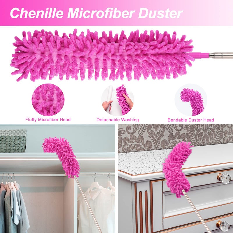 CALBEAU Microfiber Dusters for Cleaning, Feather Dusters with Extension Pole, Bendable & Washable Dusters for High Ceiling Fan, Blinds, Cars, Furniture, Cleaning Tools Kit Pink Gift for Women (15 PCS) - Image 4