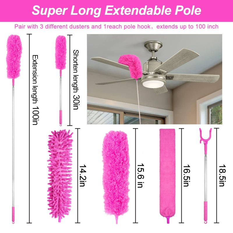 CALBEAU Microfiber Dusters for Cleaning, Feather Dusters with Extension Pole, Bendable & Washable Dusters for High Ceiling Fan, Blinds, Cars, Furniture, Cleaning Tools Kit Pink Gift for Women (15 PCS) - Image 2