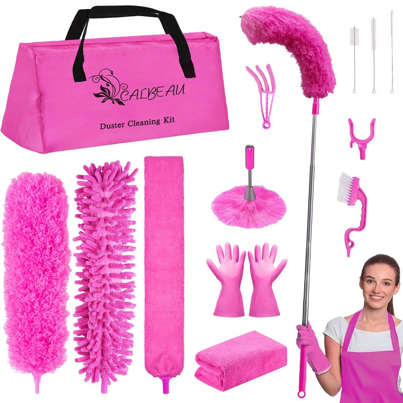 CALBEAU Microfiber Dusters for Cleaning, Feather Dusters with Extension Pole, Bendable & Washable Dusters for High Ceiling Fan, Blinds, Cars, Furniture, Cleaning Tools Kit Pink Gift for Women (15 PCS) - Image 1