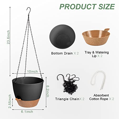 Vanslogreen Hanging Planters for Indoor Outdoor Plants, 2 Pack Self Watering Hanging Pot with Drainage Holes & Removable Tray (Black, 10'') - Image 3