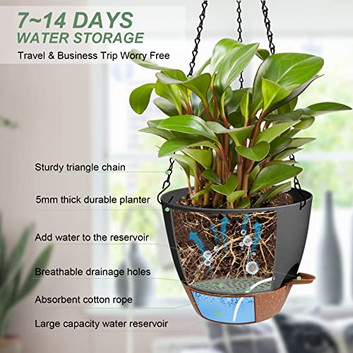 Vanslogreen Hanging Planters for Indoor Outdoor Plants, 2 Pack Self Watering Hanging Pot with Drainage Holes & Removable Tray (Black, 10'') - Image 2