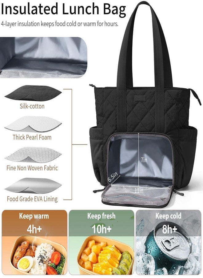 Bagstellar Puffer Lunch Tote Bag for Women, 15.6 Inch Laptop Work Bag with Insulated Lunch Compartment & Large Cup Holder, Lightweight Quilted Puffy Tote Bag with Purse for Teacher, Nurse, Travel, College, Daily - Image 3