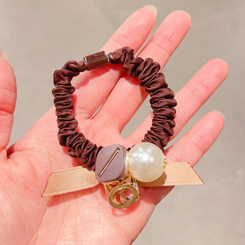 Korean Rhinestone Pearl Hair Tie Crystal Ponytail Holder 3# brown square Rhinestone