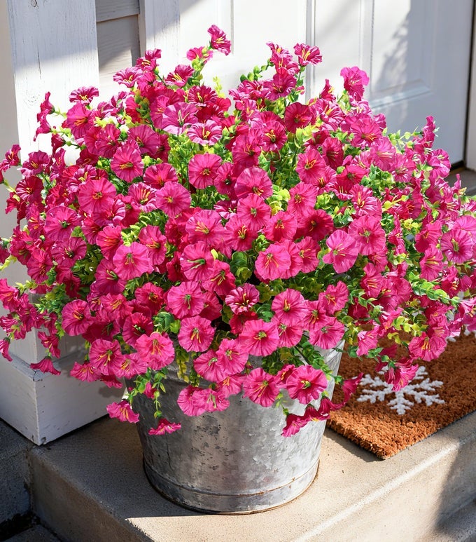 ARTIFICIAL FLOWERS FAKE PLANTS FOR OUTDOORS DECORATION 12 BUNDLES SILK MORNING GLORY WITH EUCALYPTUS REALISTIC UV RESISTANT FUCHSIA FAUX FLOWERS FOR OUTSIDE PLANTER YARD PATIO GARDEN HOME INDOOR URN