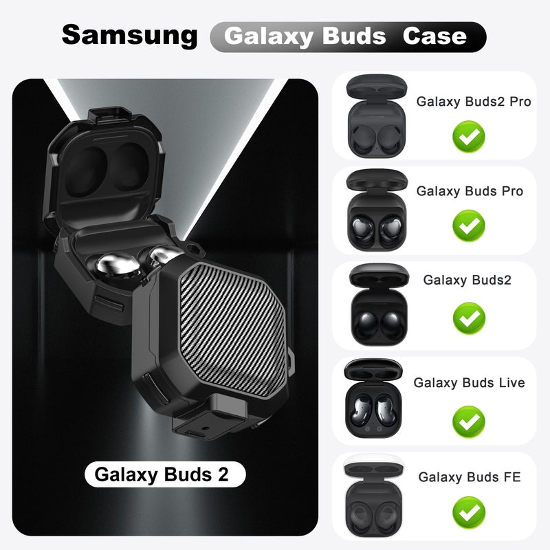 RFUNGUANGO for Samsung Galaxy Buds 2 Pro/Buds Pro/Buds Live/Buds 2 Case Cover/Galaxy Buds FE (2023), Military Carbon Fiber case with Keychain/Zipper/with Cleaner Kit(Anti-Drop Lock)-Black - Image 2