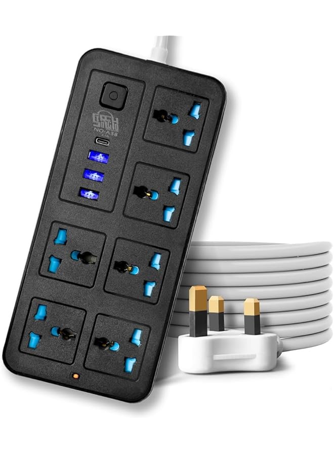 STORECHO Universal Extension Lead with 6 Gang UK Plug, 3 USB Ports, 1 Type-C Port, 1.8M Mains Strip for Home, Kitchen, Office - Power Strip with Surge & Overload Protection - Image 1