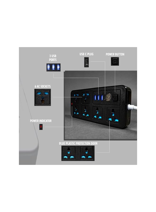 STORECHO Universal Extension Lead with 6 Gang UK Plug, 3 USB Ports, 1 Type-C Port, 1.8M Mains Strip for Home, Kitchen, Office - Power Strip with Surge & Overload Protection - Image 2