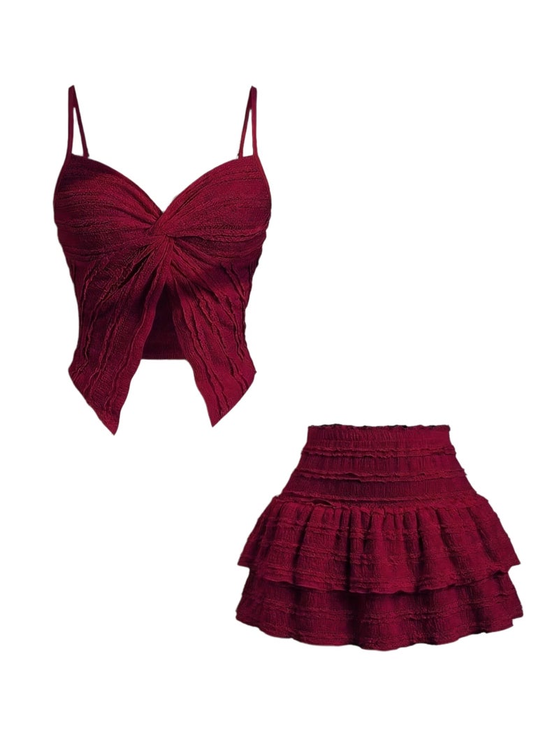 French Lace Trimmed Cami Twisted Sweet Short Top And A-Line Lace Hemmed Skirt - Image 1