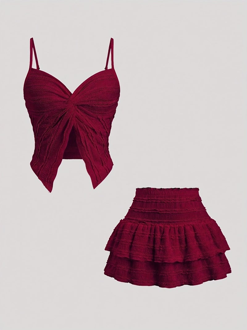 French Lace Trimmed Cami Twisted Sweet Short Top And A-Line Lace Hemmed Skirt - Image 2