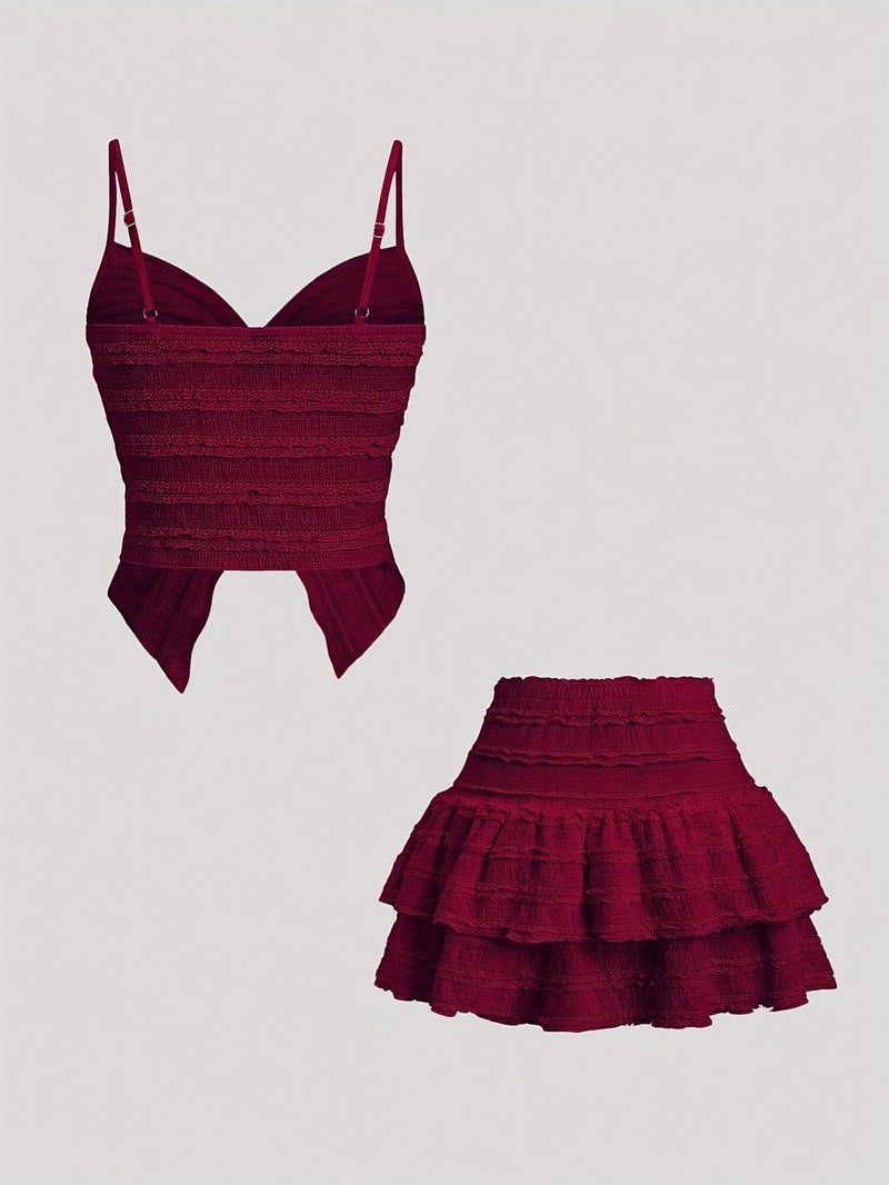 French Lace Trimmed Cami Twisted Sweet Short Top And A-Line Lace Hemmed Skirt - Image 3