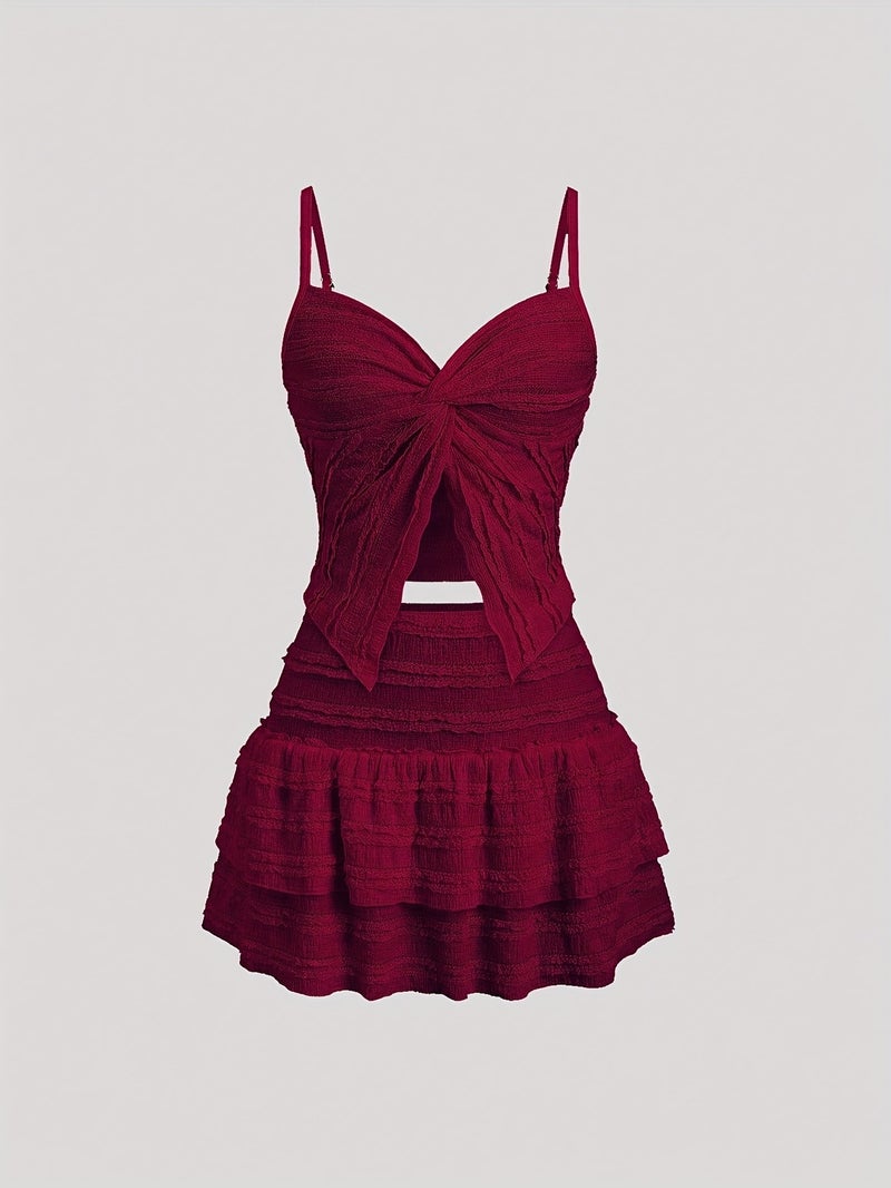 French Lace Trimmed Cami Twisted Sweet Short Top And A-Line Lace Hemmed Skirt - Image 4