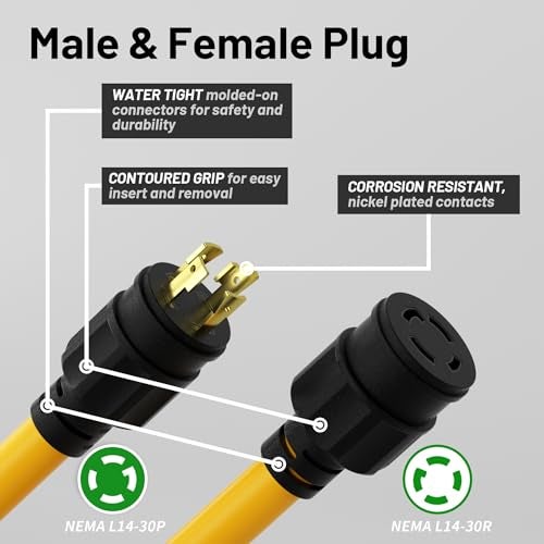 Vockjour 50FT 30 Amp Generator Cord, Outdoor Heavy Duty 4 Prong Extension Cord with Twist Lock, NEMA L14-30P/L14-30R, 30A 125/250V, 10 Gauge, STW, for Home Emergencies, RVs, ETL Listed, Yellow - Image 2