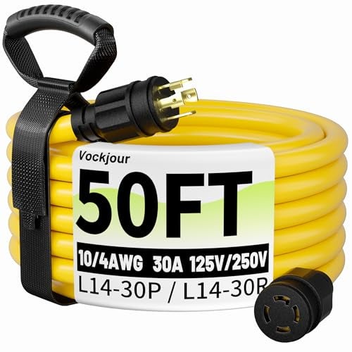 Vockjour 50FT 30 Amp Generator Cord, Outdoor Heavy Duty 4 Prong Extension Cord with Twist Lock, NEMA L14-30P/L14-30R, 30A 125/250V, 10 Gauge, STW, for Home Emergencies, RVs, ETL Listed, Yellow - Image 1