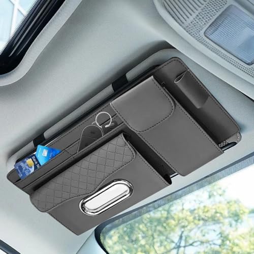 DETACHI Car Sun Visor Organizer with Tissue Paper, Sunglass Pen Card Small Document Storage Pouch & Phone Holder, Leatherette, Multi-Pocket with Zipper Net-(Grey, 18X3X37CM) - Image 1