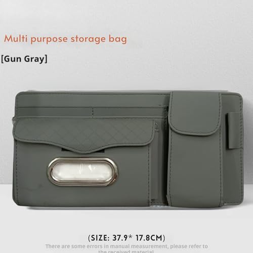DETACHI Car Sun Visor Organizer with Tissue Paper, Sunglass Pen Card Small Document Storage Pouch & Phone Holder, Leatherette, Multi-Pocket with Zipper Net-(Grey, 18X3X37CM) - Image 2