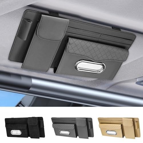 DETACHI Car Sun Visor Organizer with Tissue Paper, Sunglass Pen Card Small Document Storage Pouch & Phone Holder, Leatherette, Multi-Pocket with Zipper Net-(Grey, 18X3X37CM) - Image 4