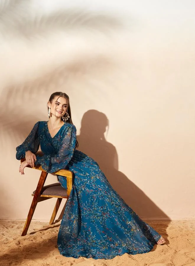 Miss Chase Teal Leaf Print V Neck A-Line Maxi Dress