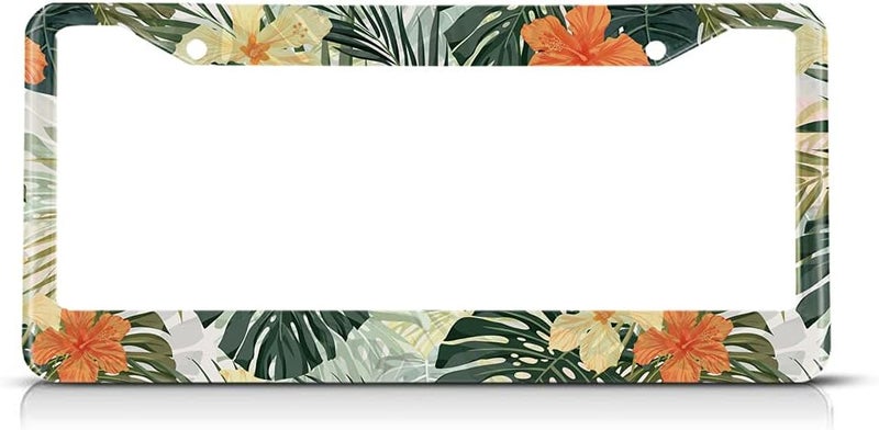 Beabes Hawaiian License Plate Frame Retro Tropical Car Frames, License Plates Holder， Leaves Hibiscus Flowers License Plate Cover Aluminum Metal Frames for Women Men Auto Decoration - Image 1