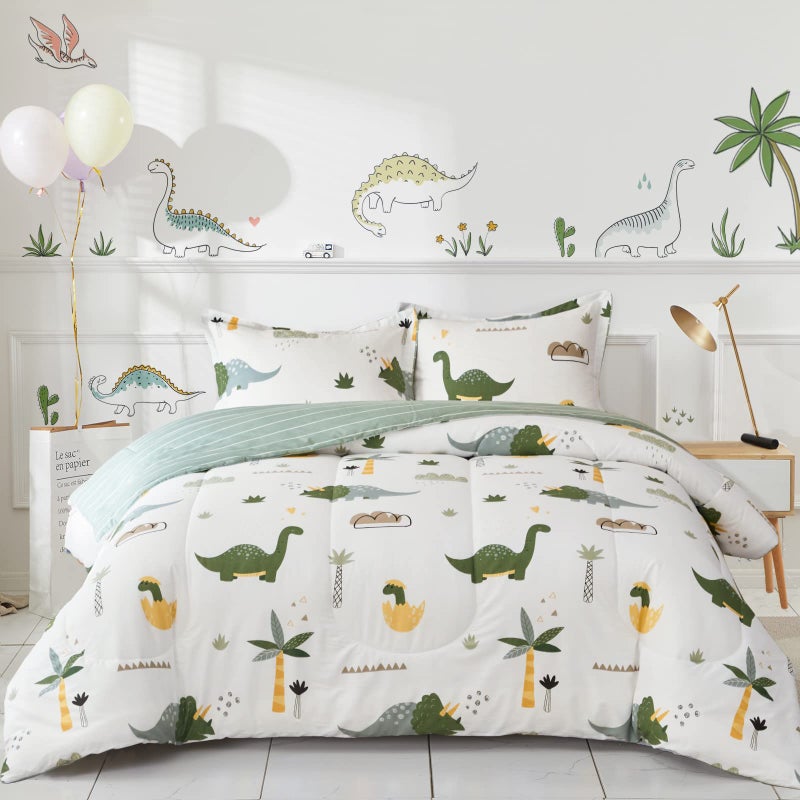 Joyreap Dinosaur Kids Cotton Comforter Set for Boys Girls, Twin Size 3pcs Cotton Bedding Comforter, Fresh Green Dinosaurs on White Design, Skin-Friendly Breathable for All Season- 68x88 inches - Image 2