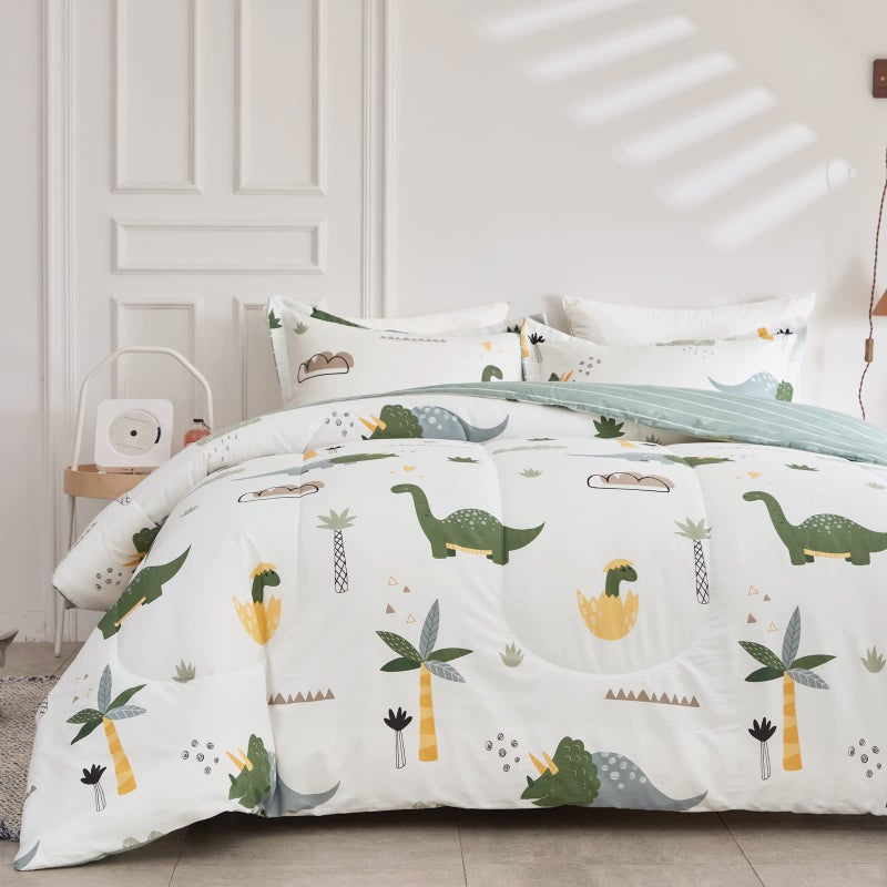 Joyreap Dinosaur Kids Cotton Comforter Set for Boys Girls, Twin Size 3pcs Cotton Bedding Comforter, Fresh Green Dinosaurs on White Design, Skin-Friendly Breathable for All Season- 68x88 inches - Image 3