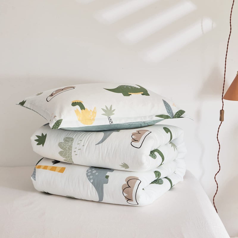 Joyreap Dinosaur Kids Cotton Comforter Set for Boys Girls, Twin Size 3pcs Cotton Bedding Comforter, Fresh Green Dinosaurs on White Design, Skin-Friendly Breathable for All Season- 68x88 inches - Image 4