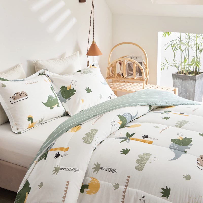 Joyreap Dinosaur Kids Cotton Comforter Set for Boys Girls, Twin Size 3pcs Cotton Bedding Comforter, Fresh Green Dinosaurs on White Design, Skin-Friendly Breathable for All Season- 68x88 inches - Image 5