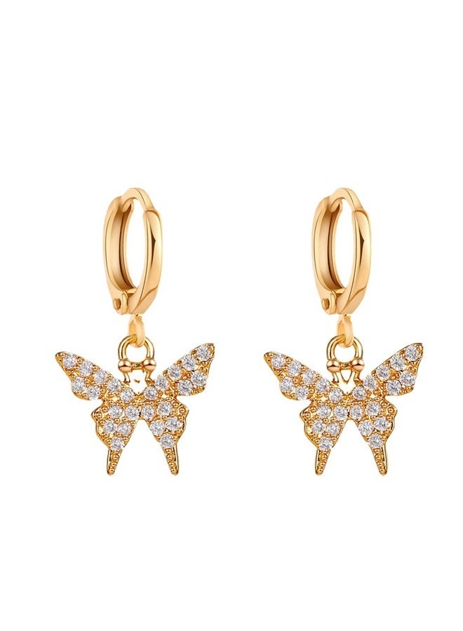 DAEVO Gold Plated Zircon Paved Butterfly Dangle Huggie Hoop Earrings - Image 1