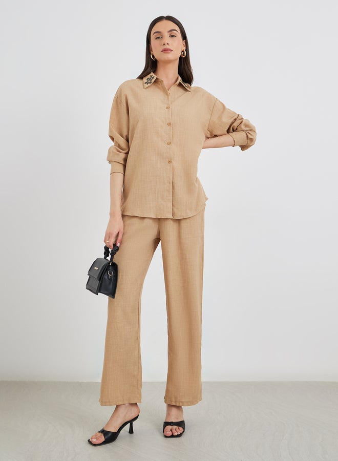 Take Two Embroidered Collar Detail Shirt and Pants Co-Ords - Image 2