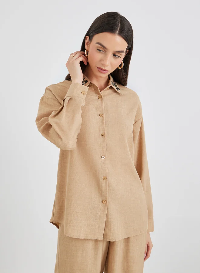 Take Two Take Two Embroidered Collar Detail Shirt and Pants Co-Ords