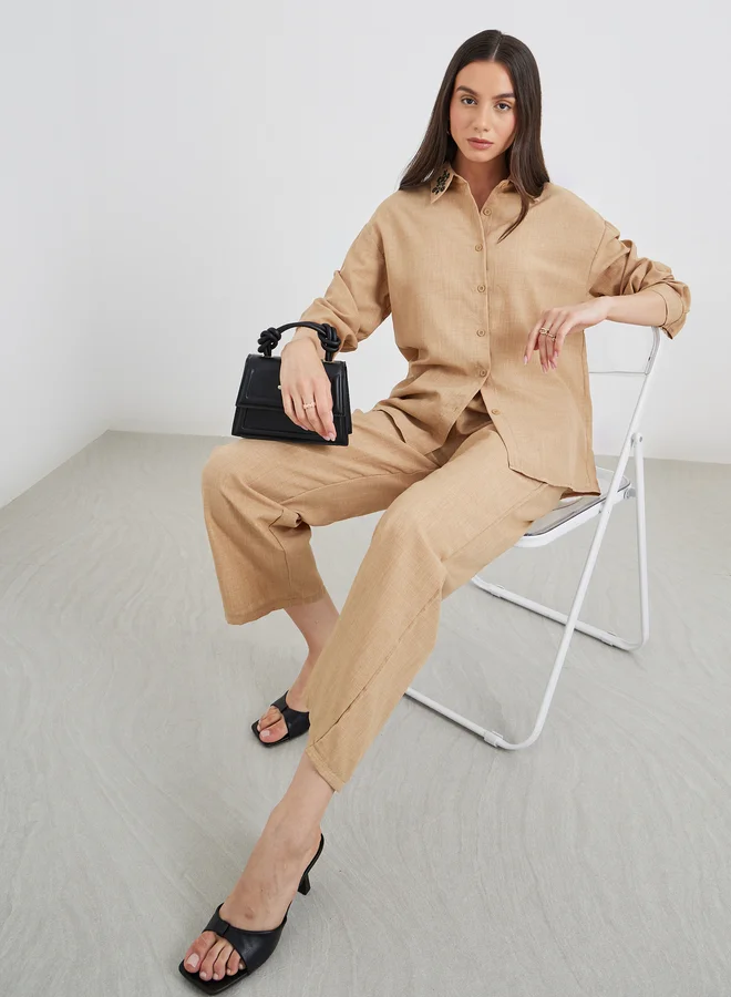 Take Two Take Two Embroidered Collar Detail Shirt and Pants Co-Ords