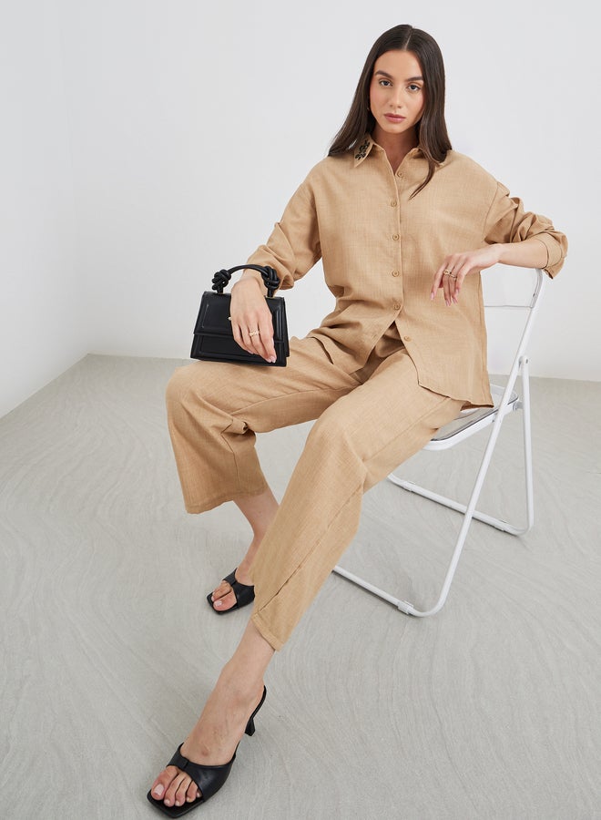 Take Two Embroidered Collar Detail Shirt and Pants Co-Ords - Image 1