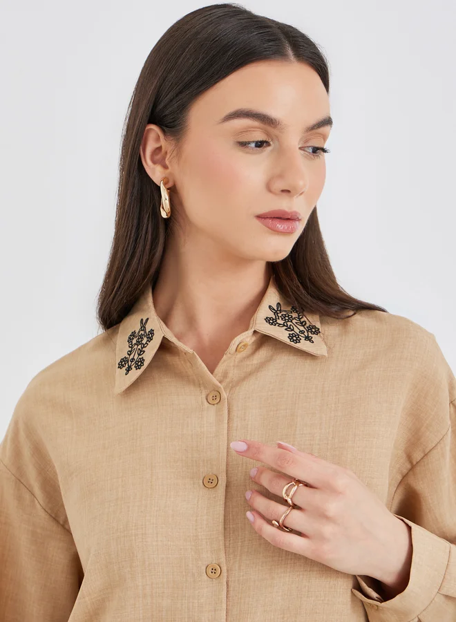 Take Two Take Two Embroidered Collar Detail Shirt and Pants Co-Ords