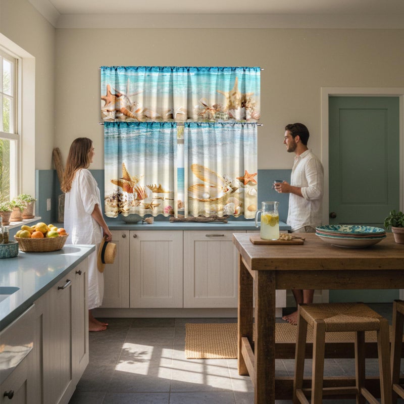 Breling 3 Pcs Beach Kitchen Curtains Valances and Tiers Set for Windows Coastal Starfish Shell Decor Short Curtain Set for Bedroom Summer Seaside Tropical Window Treatment Decor Party Favor Supplies - Image 5