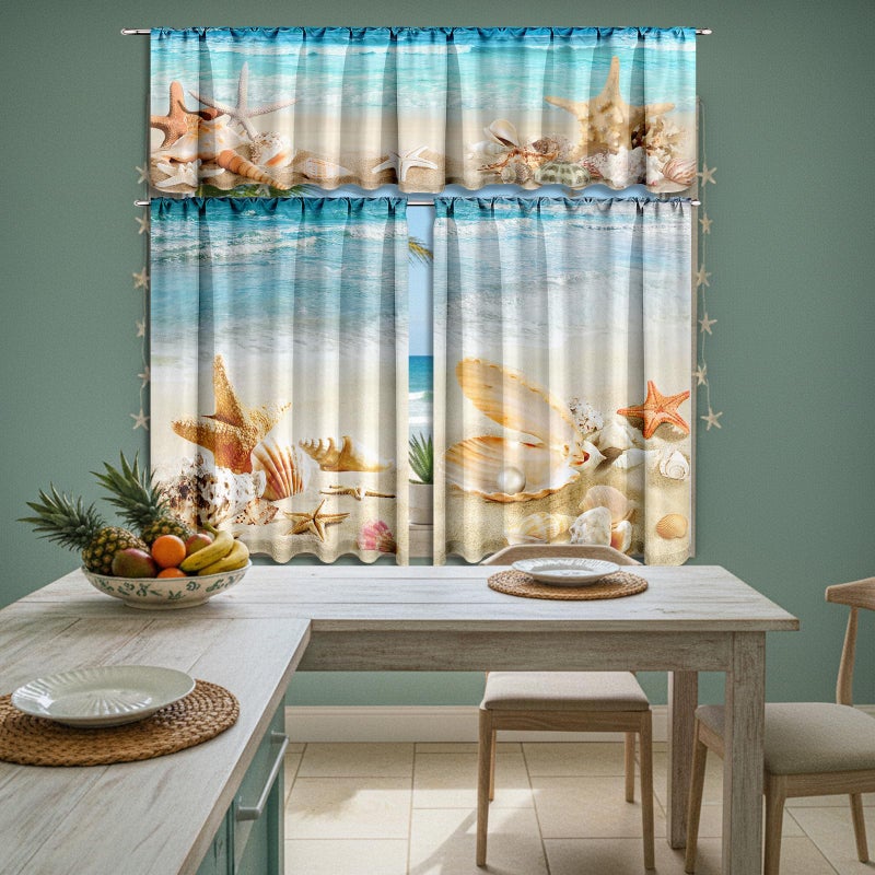 Breling 3 Pcs Beach Kitchen Curtains Valances and Tiers Set for Windows Coastal Starfish Shell Decor Short Curtain Set for Bedroom Summer Seaside Tropical Window Treatment Decor Party Favor Supplies - Image 4