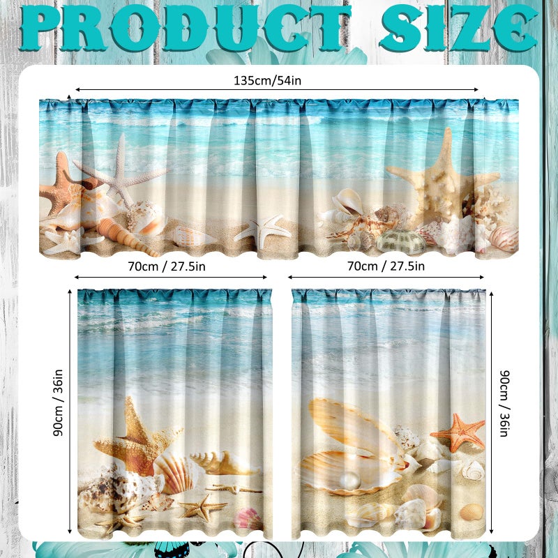 Breling 3 Pcs Beach Kitchen Curtains Valances and Tiers Set for Windows Coastal Starfish Shell Decor Short Curtain Set for Bedroom Summer Seaside Tropical Window Treatment Decor Party Favor Supplies - Image 2