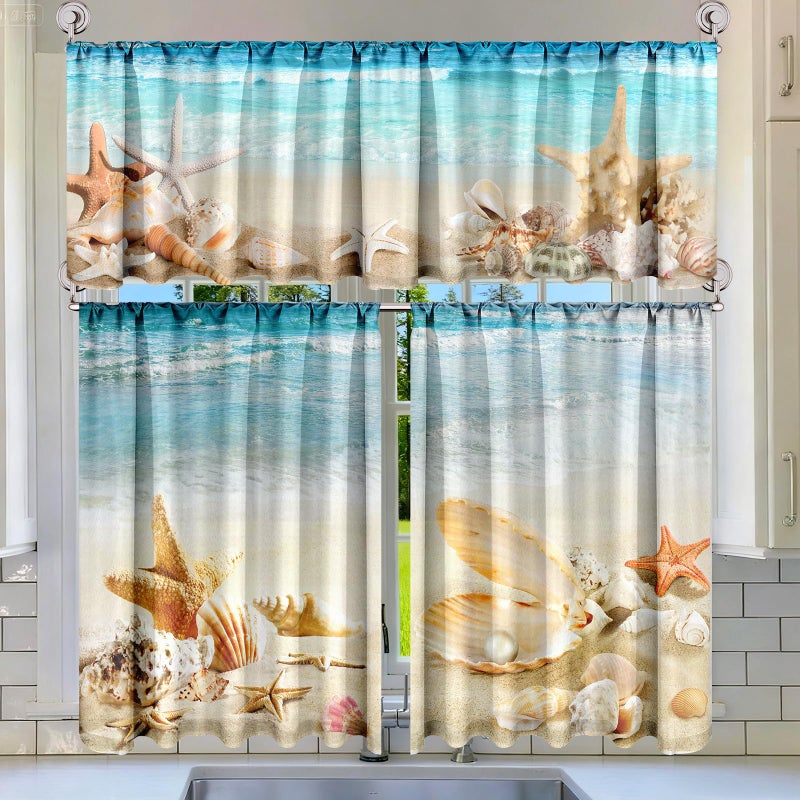 Breling 3 Pcs Beach Kitchen Curtains Valances and Tiers Set for Windows Coastal Starfish Shell Decor Short Curtain Set for Bedroom Summer Seaside Tropical Window Treatment Decor Party Favor Supplies - Image 1