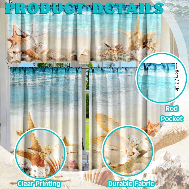 Breling 3 Pcs Beach Kitchen Curtains Valances and Tiers Set for Windows Coastal Starfish Shell Decor Short Curtain Set for Bedroom Summer Seaside Tropical Window Treatment Decor Party Favor Supplies - Image 3